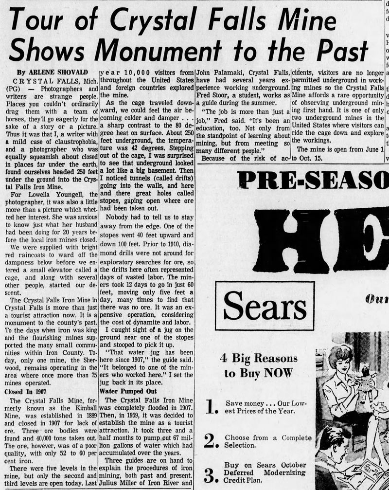 Crystal Falls Iron Mine - June 14 1970 Article